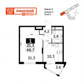 1-комнатная квартира 40,7 м²