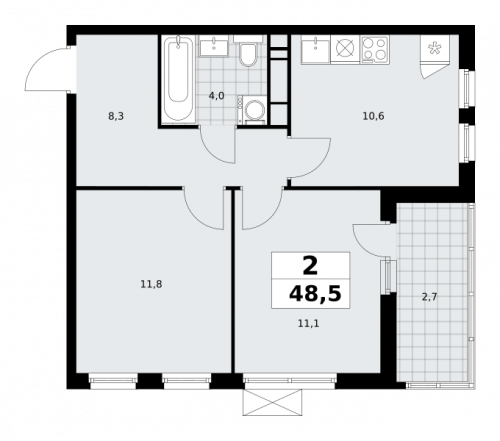 2-комнатная, 48.5 м²