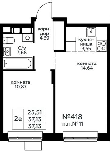 2-комнатная, 37.13 м²