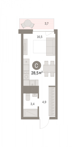Студия, 28.47 м²