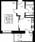 1-комнатная квартира 37,7 м²