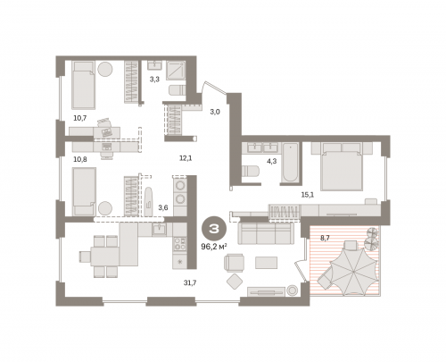 3-комнатная, квартира, 103.29 м²