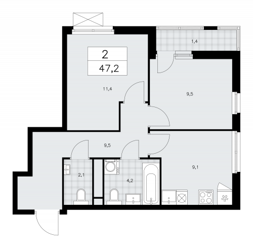 2-комнатная, 47.2 м²