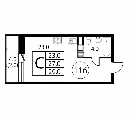 Студия, 29 м²