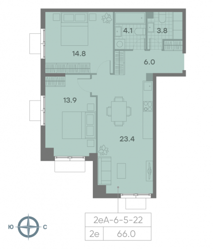 2-комнатная, квартира, 66 м²