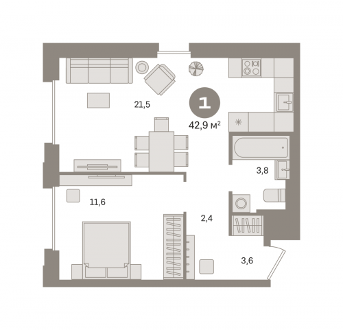1-комнатная, квартира, 42.88 м²