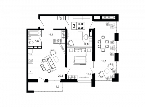 3-комнатная, 80.8 м²