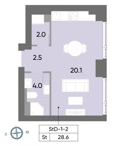 Студия, 28.6 м²