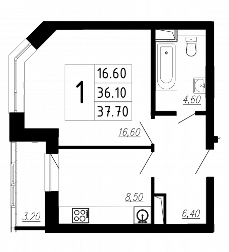 1-комнатная, квартира, 37.2 м²