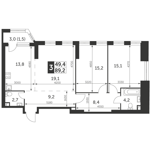 3-комнатная, квартира, 89.2 м²