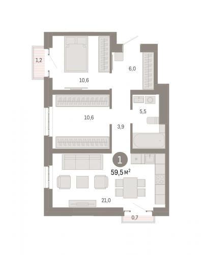 2-комнатная, квартира, 59.5 м²