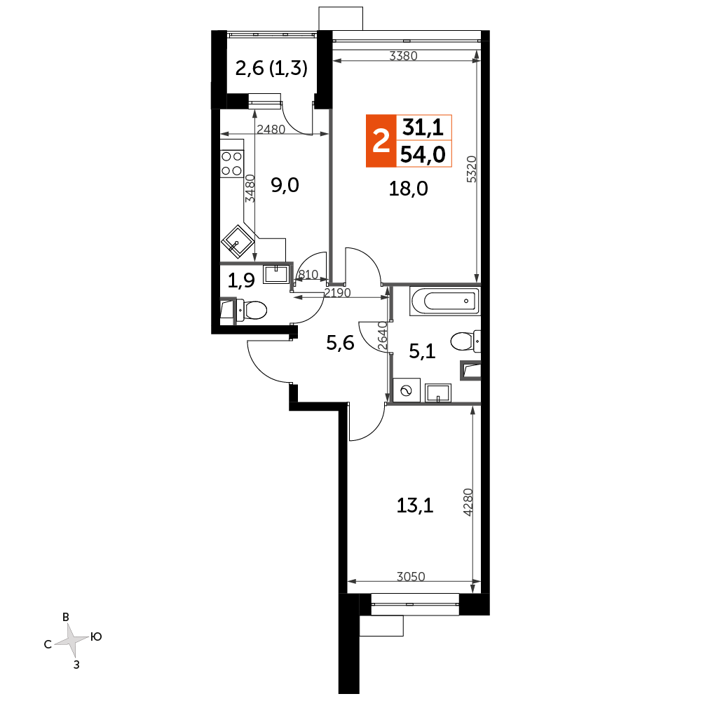 2-комнатная квартира №315, 54,0 м² за 11,19 млн руб. в ЖК «Датский квартал» - планировка