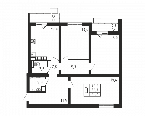 3-комнатная, квартира, 89.2 м²