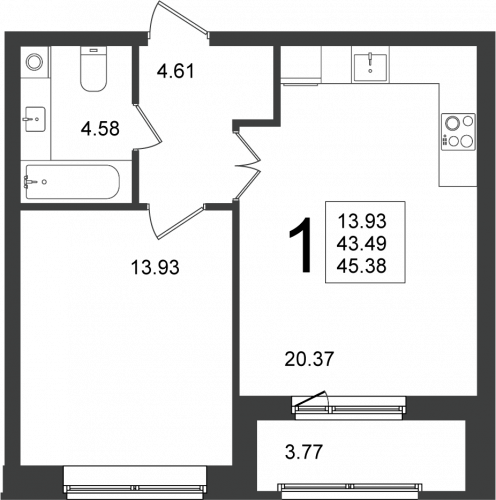 1-комнатная, квартира, 45.38 м²