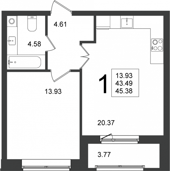 1 комната до 45.38