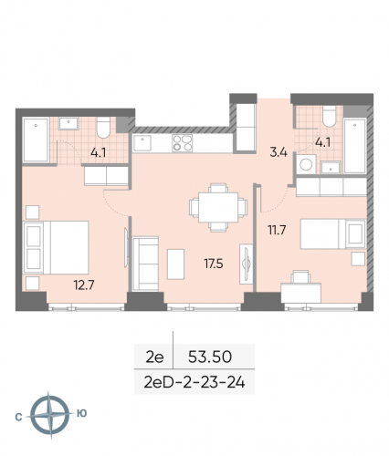 2-комнатная, квартира, 53.5 м²