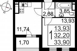 1-комнатная квартира 33,9 м²