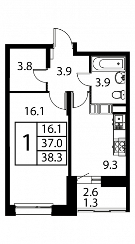 1-комнатная, квартира, 38.3 м²