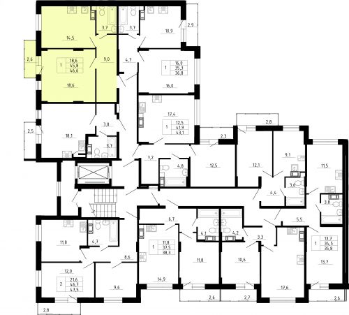 1-комнатная, квартира, 45.8 м²