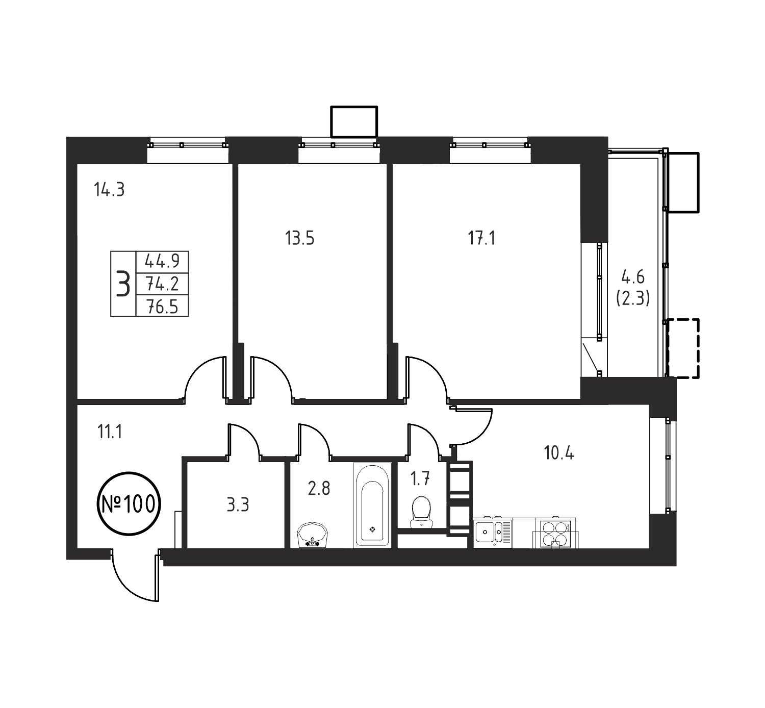 3-комнатная квартира №100, 76,5 м² за 11,48 млн руб. в ЖК «Космос» - планировка