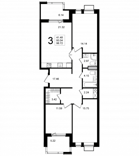 3-комнатная, квартира, 98.72 м²