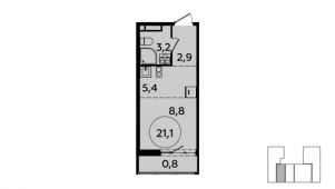 1-комнатная квартира 21,1 м²