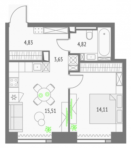 1-комнатная, квартира, 42.92 м²