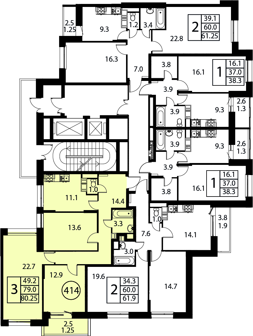 3-комнатная квартира №414, 80,3 м² за 12,60 млн руб. в ЖК «Космос» - планировка