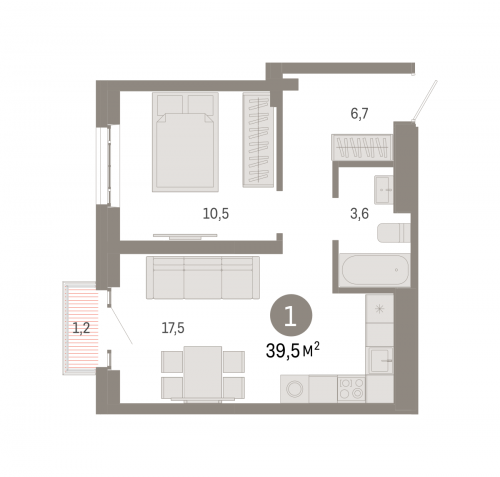 1-комнатная, квартира, 39.5 м²