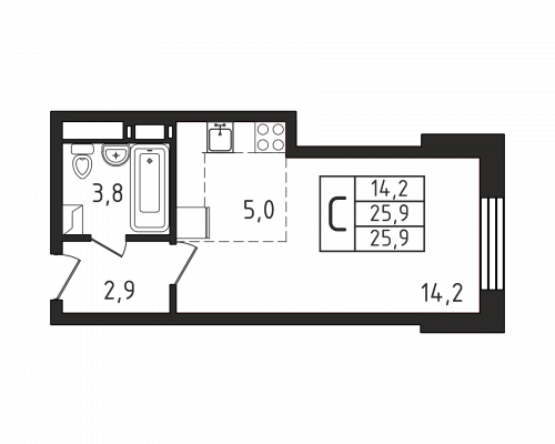 Студия, 25.9 м²