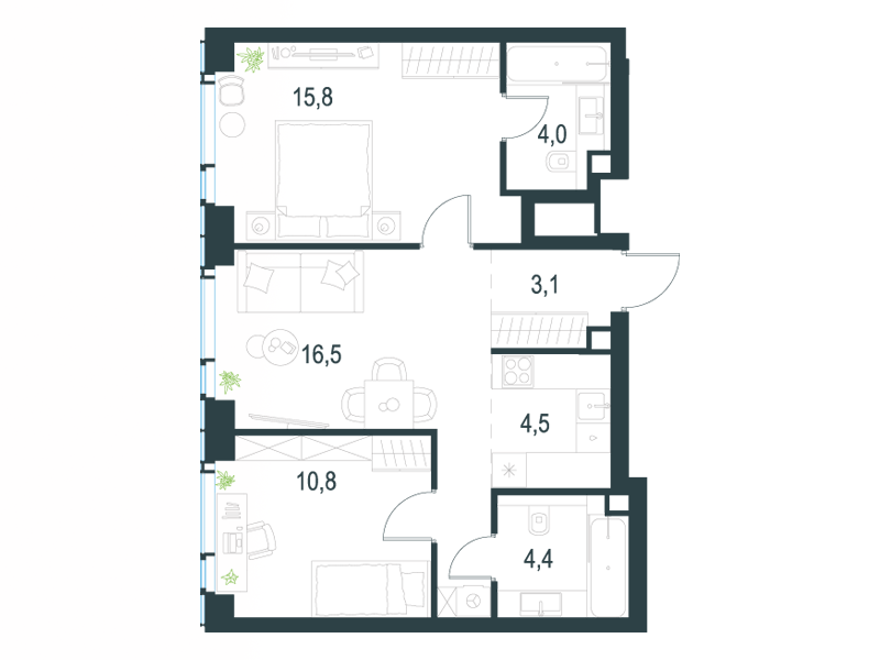 3-комнатные апартаменты №155, 59,1 м² за 27,27 млн руб. в ЖК «Level Мичуринский» - планировка