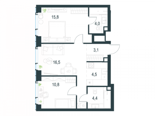 3-комнатная, 59.1 м²