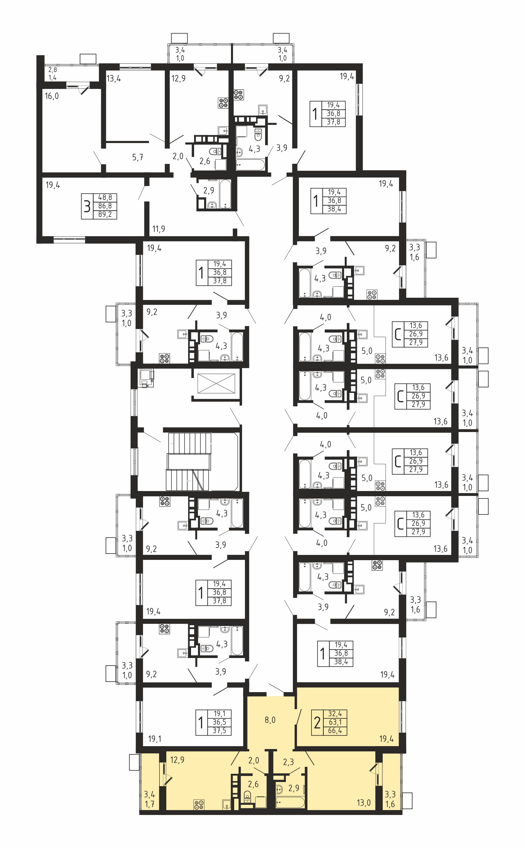2-комнатная квартира №358, 66,4 м² за 11,85 млн руб. в ЖК «Пироговская Ривьера-3» - планировка