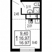 1-комнатная квартира 16,97 м²