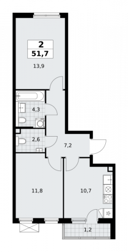 2-комнатная, 51.7 м²