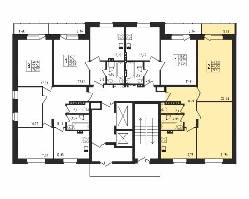 2-комнатная, квартира, 70.1 м²