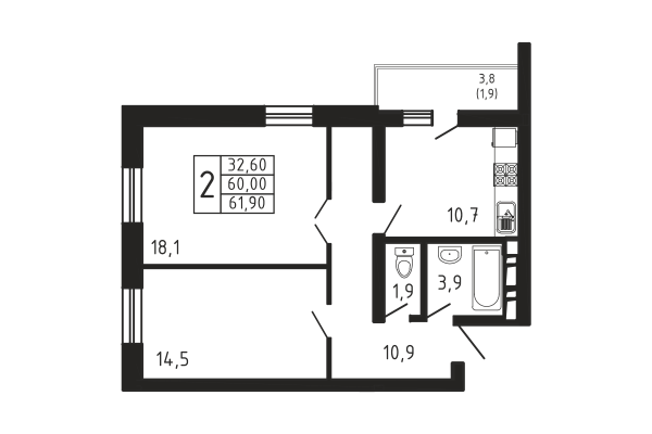 2-комнатная, квартира, 61.9 м²
