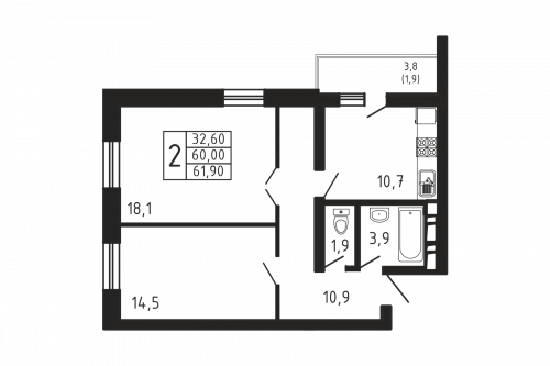 2-комнатная, квартира, 61.9 м²
