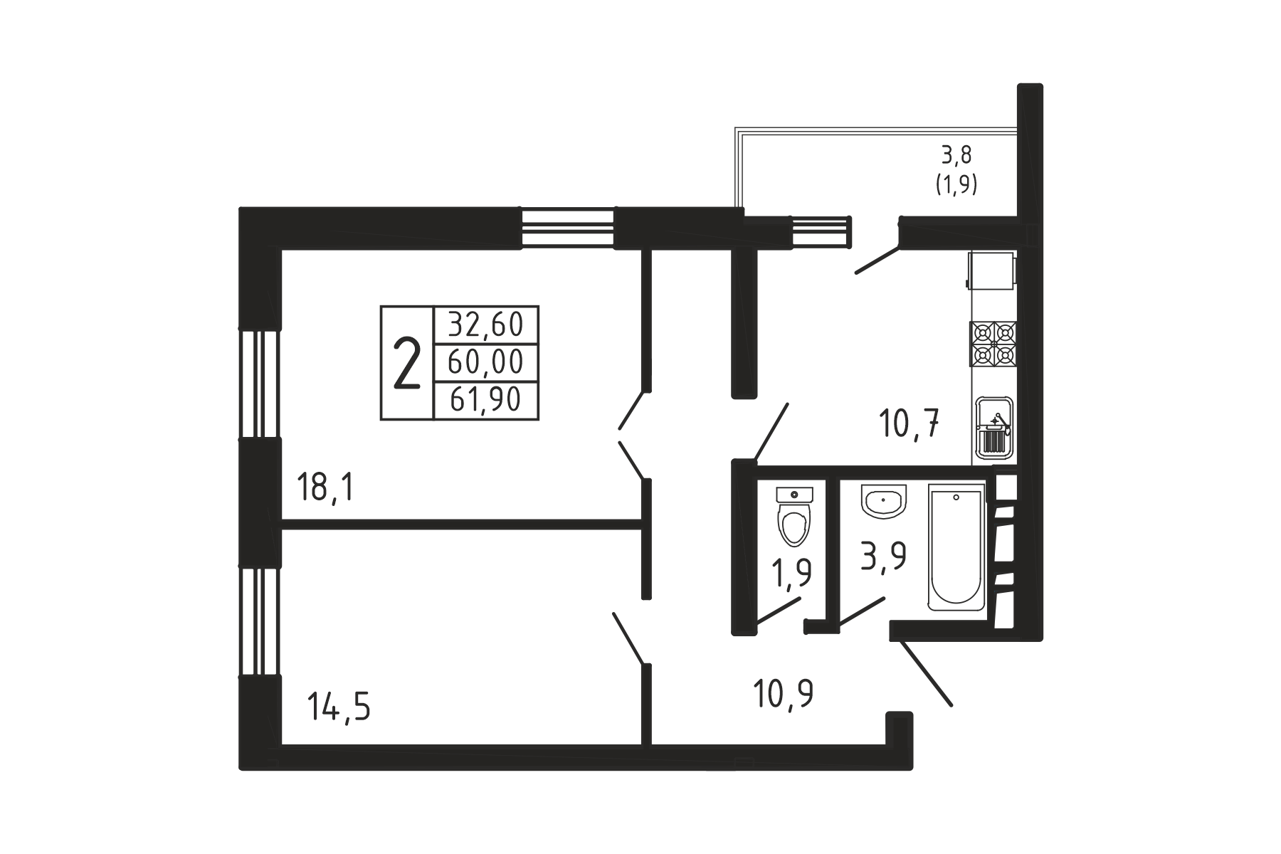 2-комнатная квартира №81, 61,9 м² за 10,52 млн руб. в ЖК «Море Море» - планировка