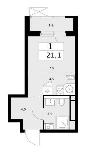 1-комнатная, 21.1 м²