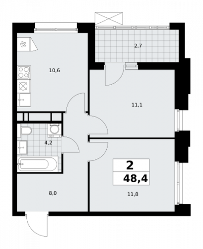 2-комнатная, 48.4 м²