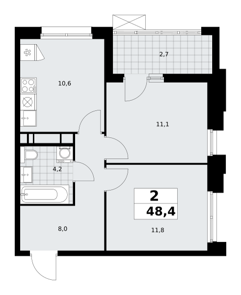 2-комнатная квартира №58К-7.1.4-663, 48,4 м² за 14,32 млн руб. в ЖК «Прокшино» - планировка