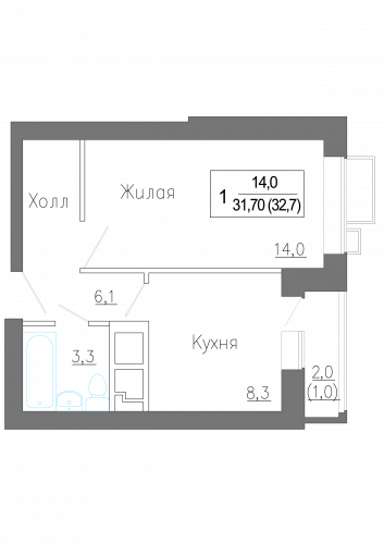 1-комнатная, квартира, 32.7 м²