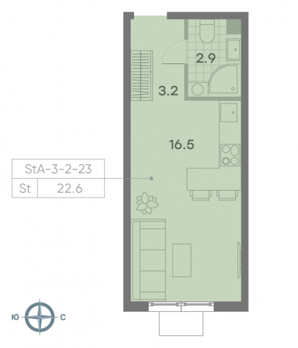 Студия, 22.6 м²