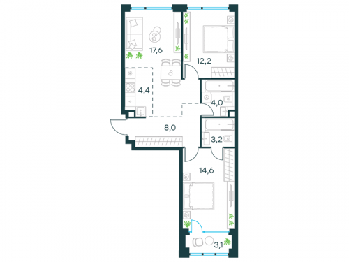 3-комнатная, квартира, 65.6 м²