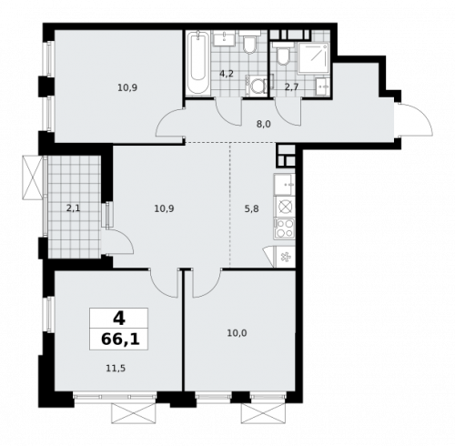 Многокомнатная, 66.1 м²