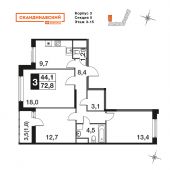 3-комнатная квартира 72,4 м²