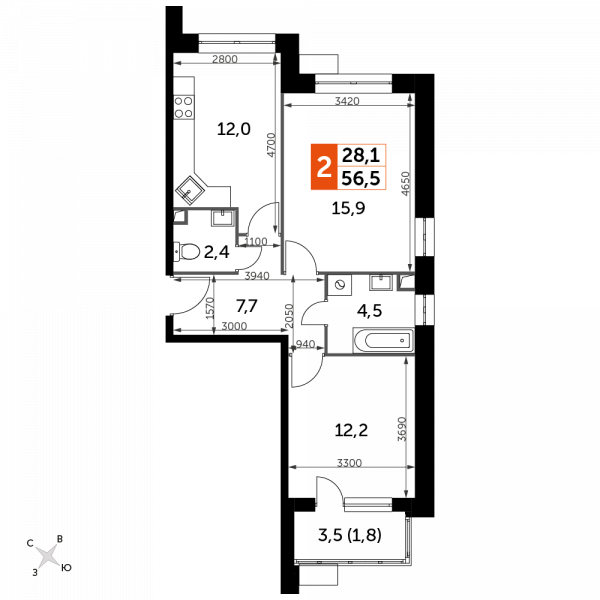 2 комнаты до 56.5