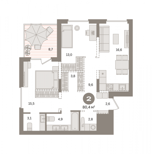 2-комнатная, квартира, 80.43 м²