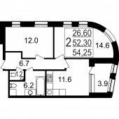 2-комнатная квартира 54,25 м²